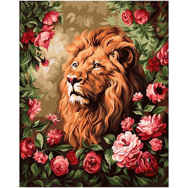 Картина по номерам на холсте ТРИ СОВЫ "Царь зверей в цветах", 40*50, с акриловыми красками и кистями