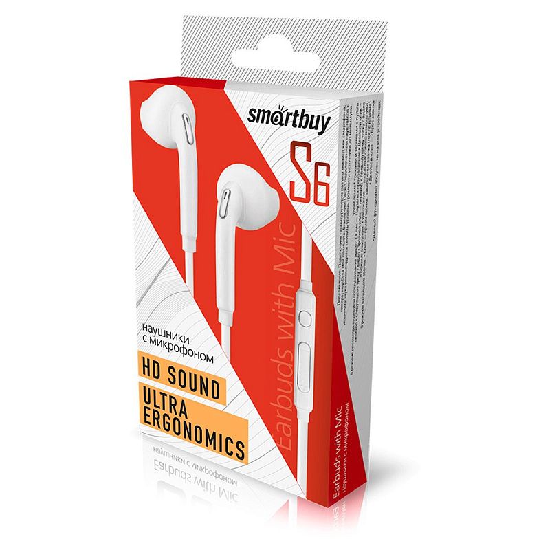 Наушники-вкладыши с микрофоном SmartBuy S6, 1,1м, белый