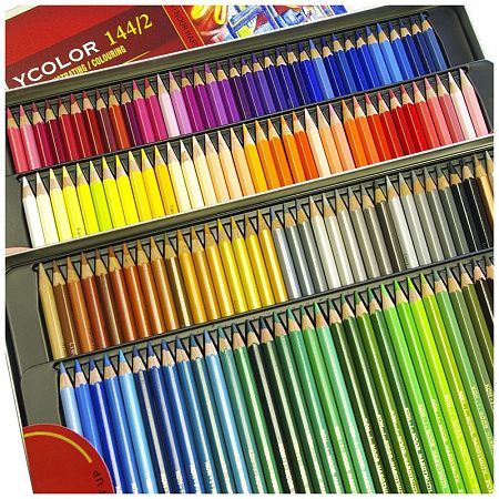 Карандаши цветные художественные Koh-I-Noor "Polycolor 3828", 144цв., заточен., 2 металл. пенала