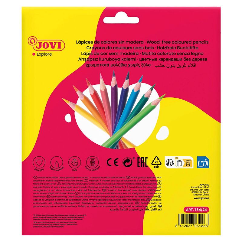 Карандаши цветные пластиковые JOVI "Wood-less", 24цв., трехгран., заточен., картон, европодвес