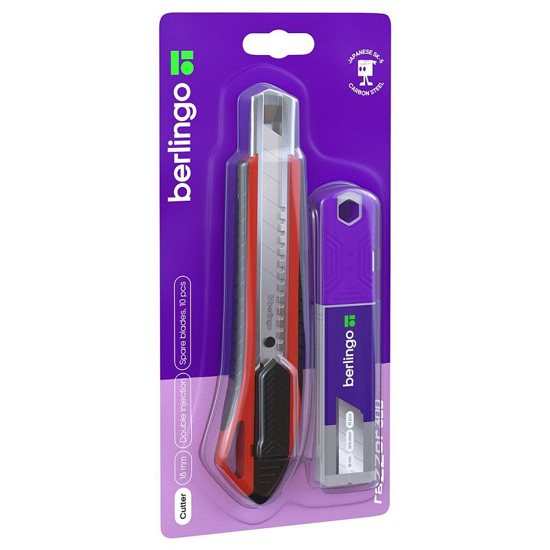 Нож канцелярский 18мм Berlingo "Razzor 300", красный + лезвия сменные 10шт., блистер, европодвес