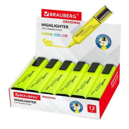 Текстовыделитель BRAUBERG "ORIGINAL NEON", ЖЕЛТЫЙ, линия письма 1-5 мм, 152211 
