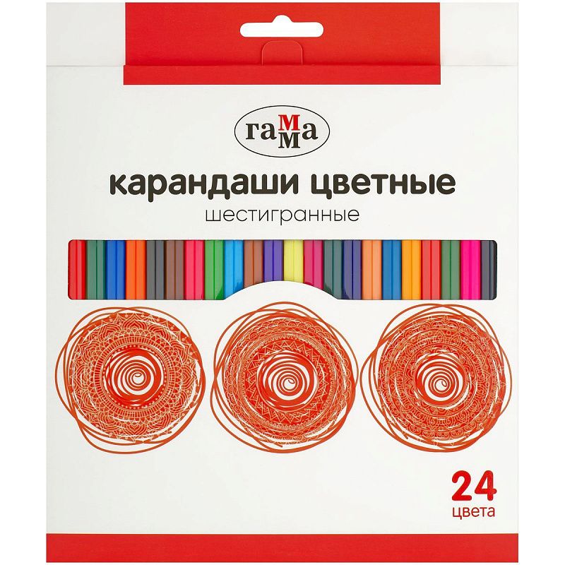 Карандаши цветные Гамма, 24цв., шестигранные, заточен., картон. упаковка, европодвес