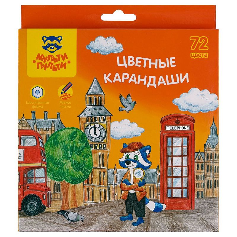 Карандаши цветные Мульти-Пульти "Енот в Англии", 72 цв., шестигран., заточен., картон, европодвес, термоусадка
