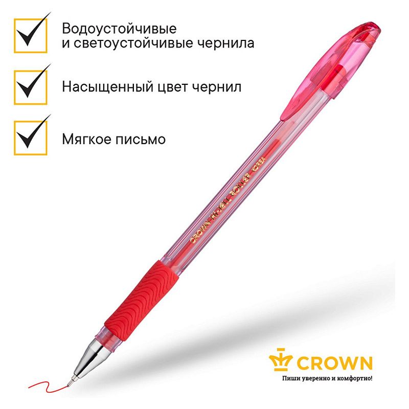 Ручка гелевая Crown "Hi-Jell Needle Grip" красная, 0,7мм, грип, игольчатый стержень, штрих-код 