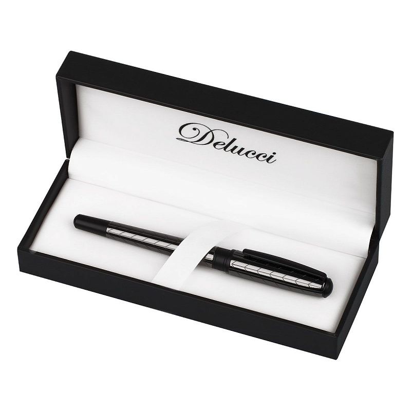 Ручка-роллер Delucci "Marte" синяя, 0,6мм, корпус титан/черный, подарочная упаковка 