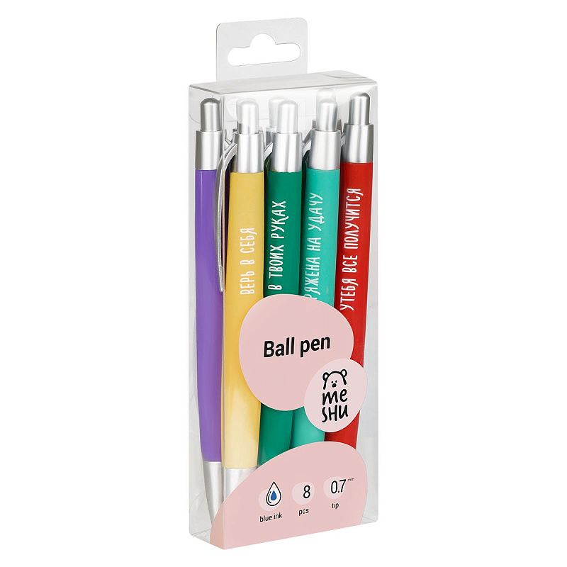 Набор шариковых автоматических ручек MESHU "Motivation" 8шт., синие, 0,7мм, корпус ассорти, ПВХ бокс с европодвесом 