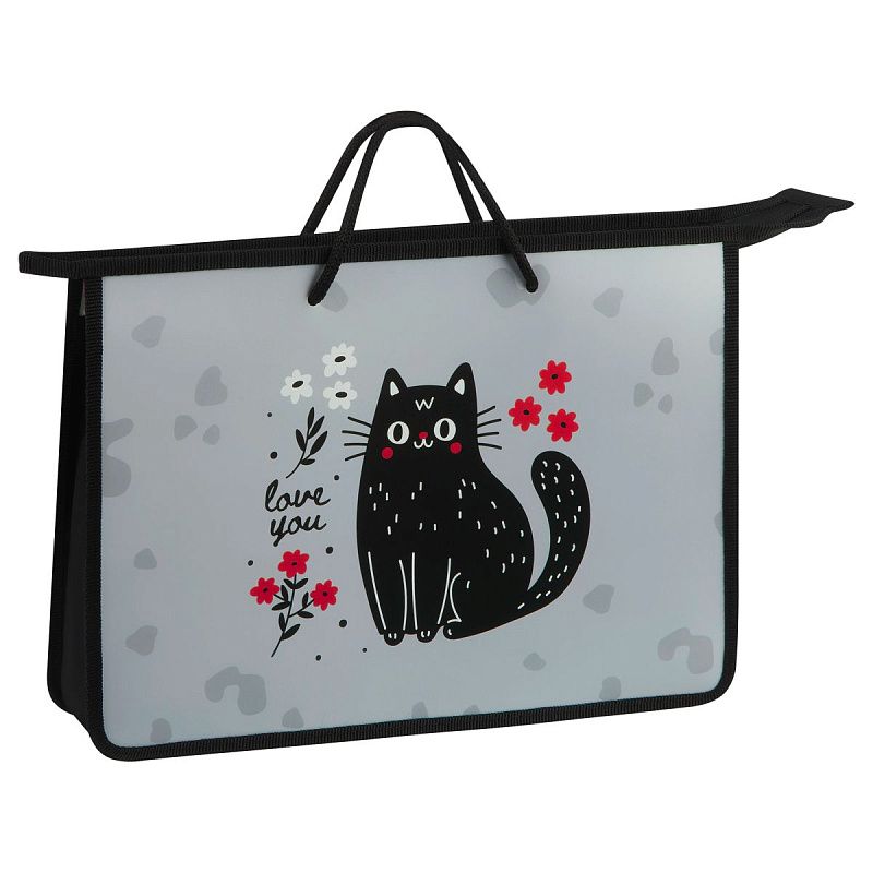 Папка с ручками А4 ArtSpace "Black Cat with Flowers", пластик, на молнии, 75мм
