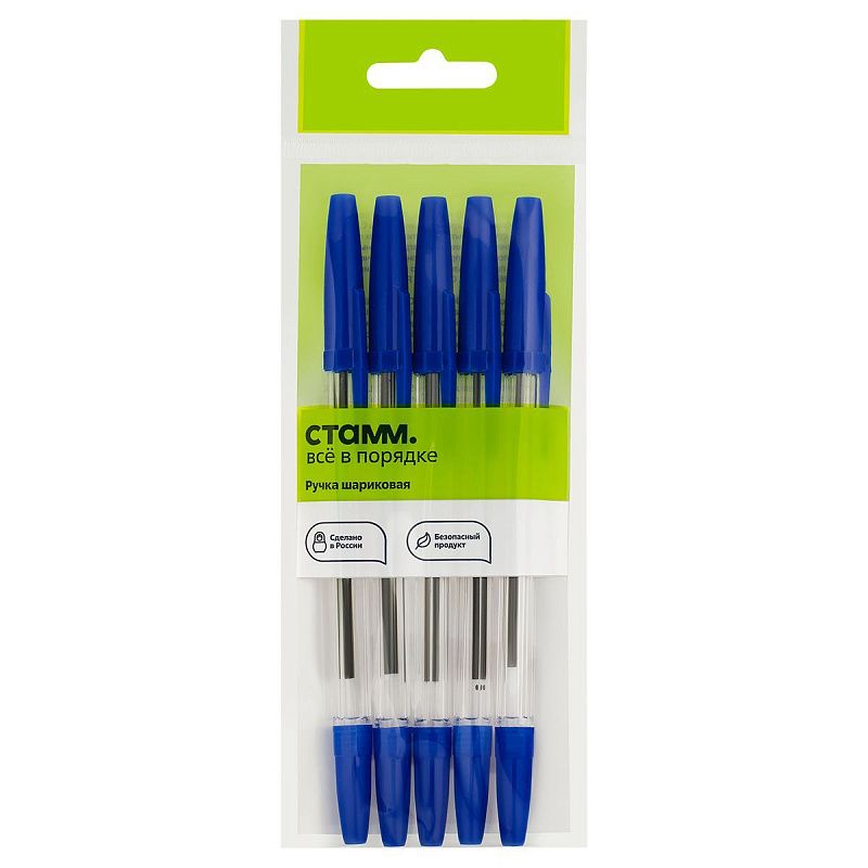 Ручка шариковая СТАММ "Оптима" 5шт., синие, 1,0мм, пакет с европодвесом