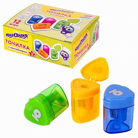 Точилка ЮНЛАНДИЯ "Трио", с контейнером, пластиковая, корпус ассорти, 228438 