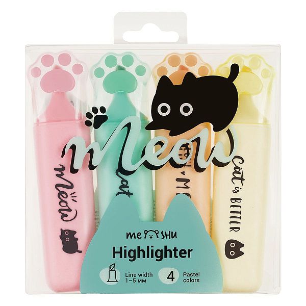 Набор текстовыделителей MESHU "Live, Life, Meow", 04цв., пастельные цвета, 1-5 мм, ПВХ бокс с европодвесом