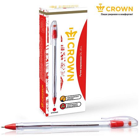 Ручка шариковая Crown "Oil Jell" красная, 0,7мм, штрих-код 