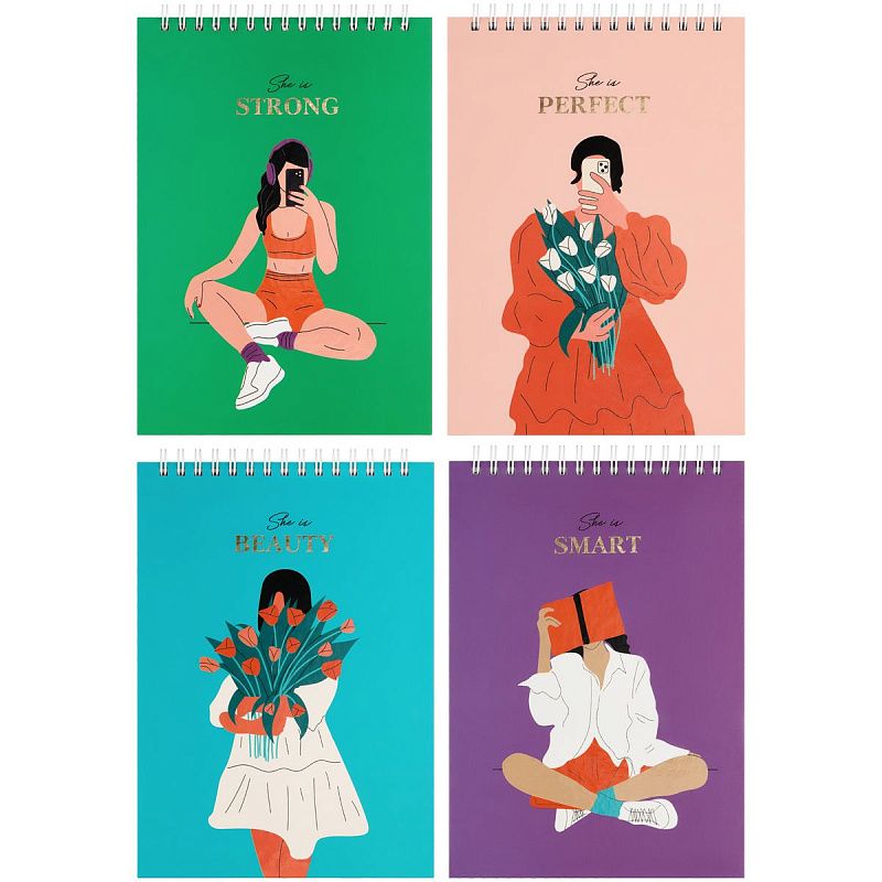 Блокнот А5 80л. на гребне BG "She is", твердая обложка, матовая ламинация, выборочный лак, тиснение фольгой