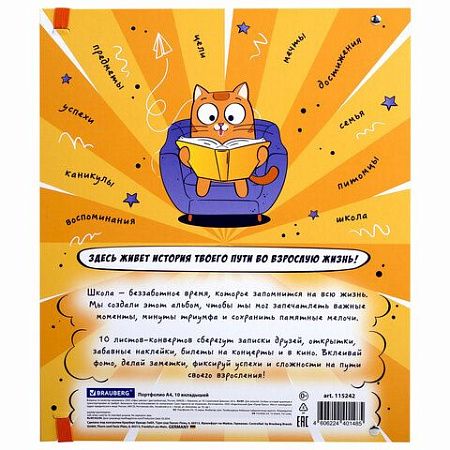Папка-портфолио школьника, А4, ШКОЛЬНЫЙ АЛЬБОМ, 10 вкладышей, магнитный клапан 7БЦ, BRAUBERG, 115242 