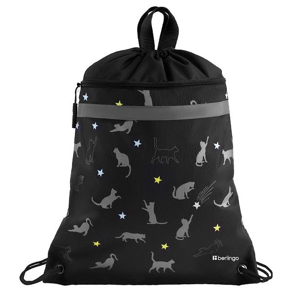 Мешок для обуви 1 отделение Berlingo "MEOW Galaxy", 360*460мм, вентиляционная сеточка , светоотражающая лента, карман на молнии