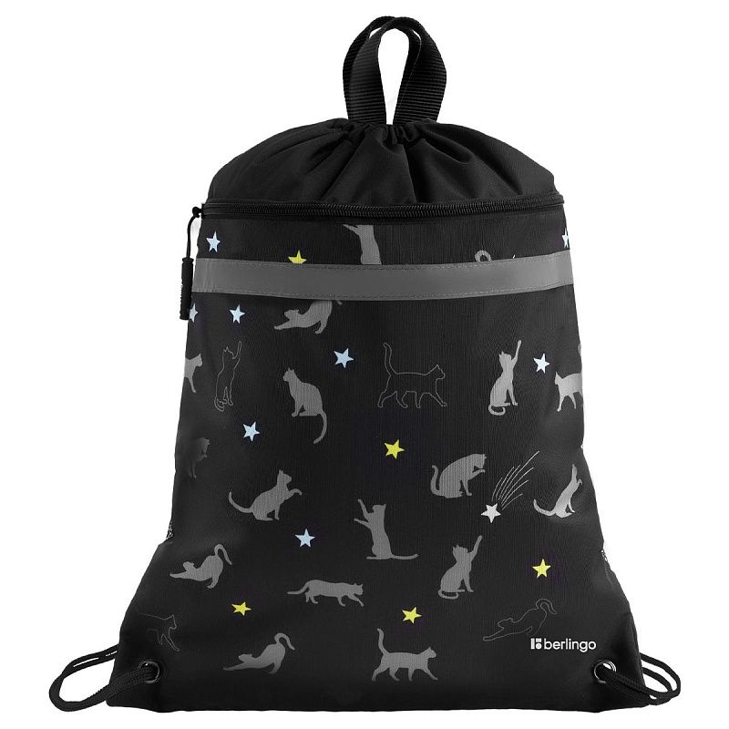 Мешок для обуви 1 отделение Berlingo "MEOW Galaxy", 360*460мм, вентиляционная сеточка , светоотражающая лента, карман на молнии