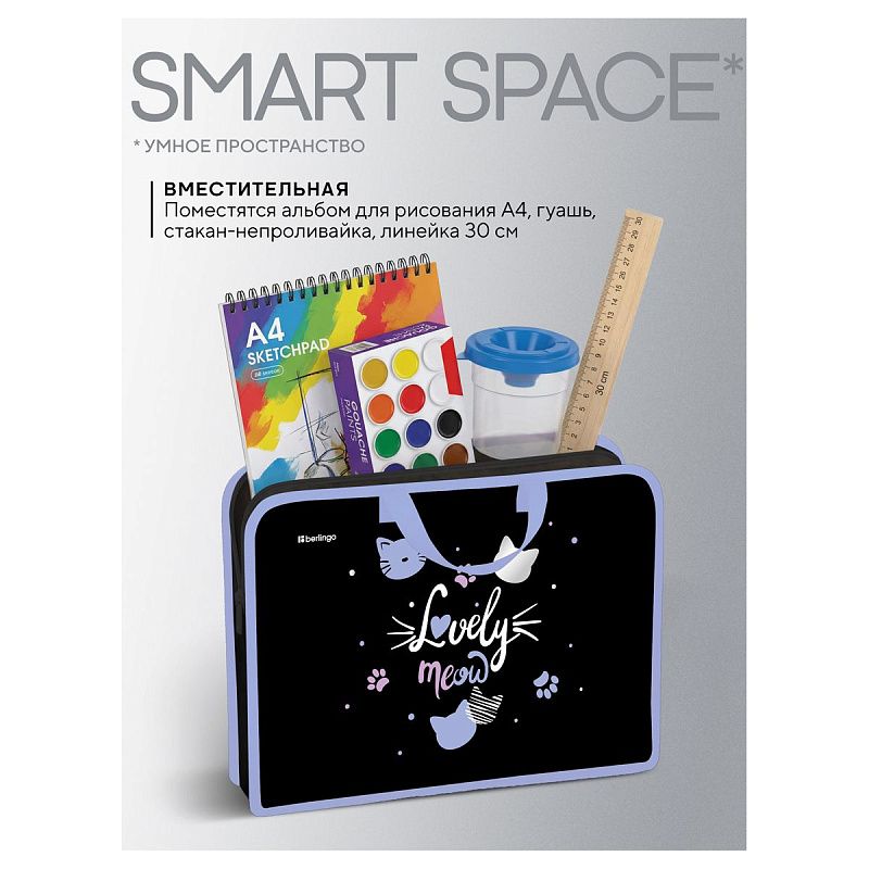 Папка с ручками 1 отделение, А4 Berlingo "Lovely Meow", 340*245*100мм, пластик, на молнии 