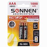 Батарейки аккумуляторные КОМПЛЕКТ 2 шт., SONNEN, AAA (HR03), Ni-Mh, 1000 mAh, в блистере, 454237