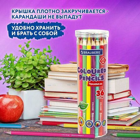 Карандаши цветные BRAUBERG PREMIUM 36 цветов в тубе, трехгранные, мягкий грифель 3,3 мм, 181934