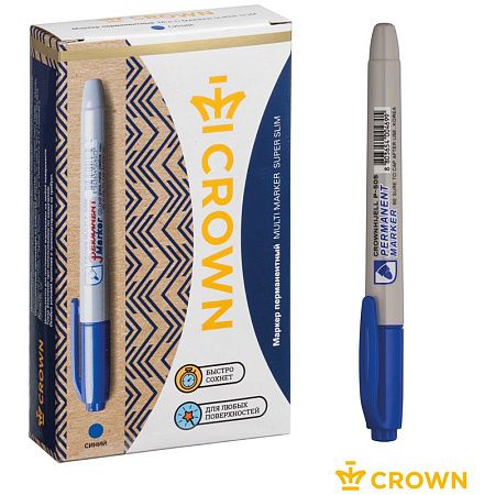 Маркер перманентный Crown "Multi Marker Slim" синий, пулевидный, 2мм 