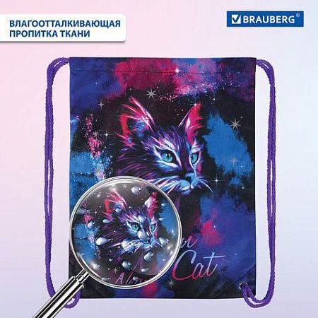 Мешок для обуви BRAUBERG PREMIUM, карман, подкладка, светоотражайка, 43х33 см, "Neon cat", 271621 