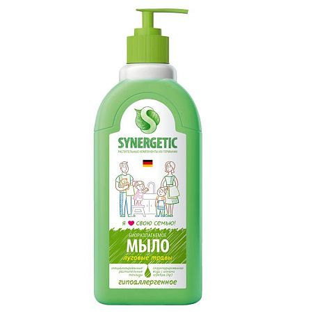 Мыло жидкое Synergetic "Луговые травы", биоразлагаемое, с дозатором, 500мл 