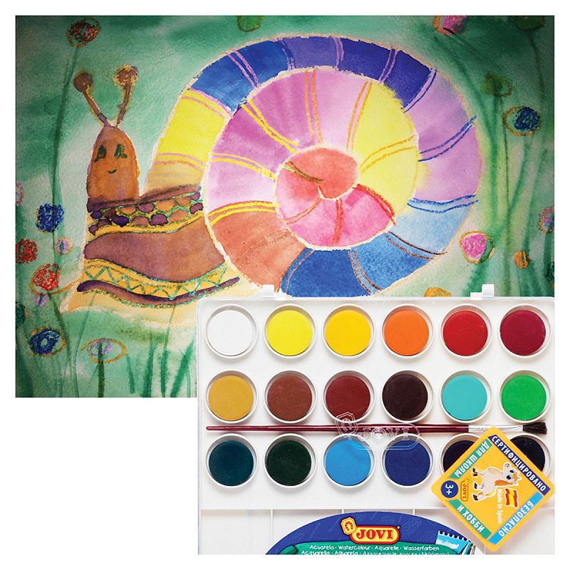 Акварель JOVI, 18 цветов, малые кюветы, с кистью, с палитрой, пластик, европодвес