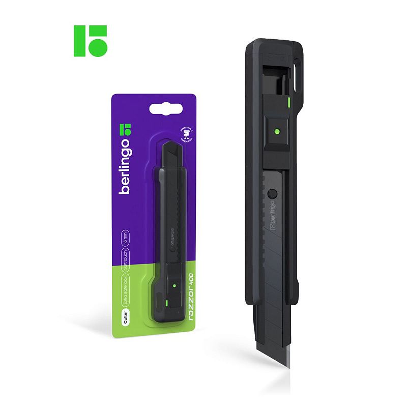 Нож канцелярский 18мм Berlingo "Razzor 400", черное лезвие, auto-lock, металл. направл., европодвес