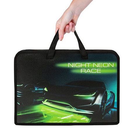 Папка на молнии с ручками ЮНЛАНДИЯ А4, 1 отделение, пластик, ширина 45 мм, "Neon race", 270950 
