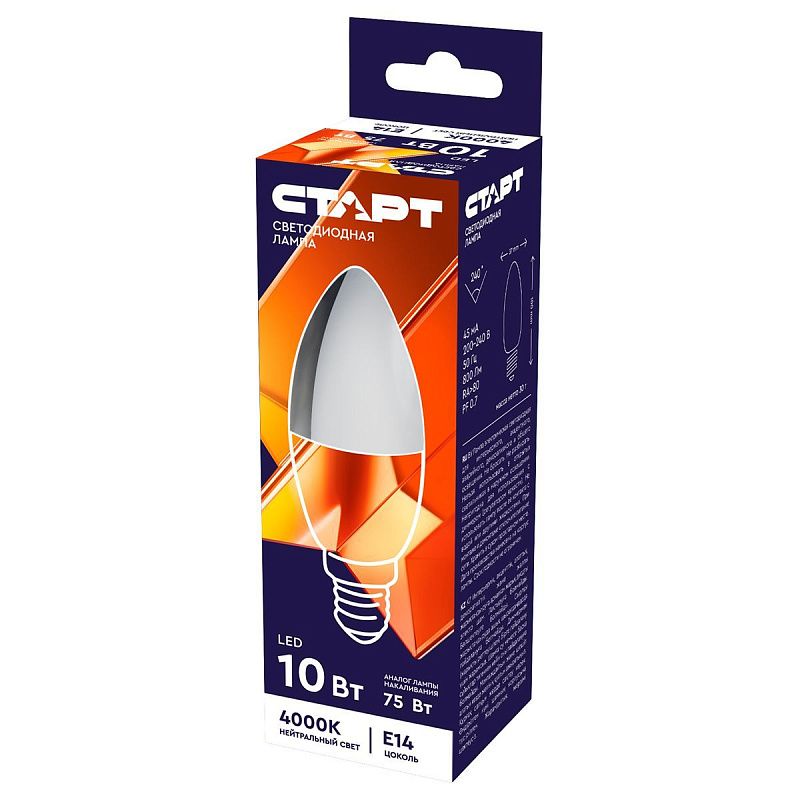 Лампа светодиодная Старт LED, серия "WS" 10W40, тип С "свеча", E14, 4000К, нейтральный свет, 25000ч
