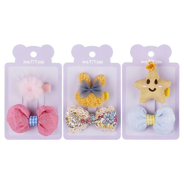 Заколки для волос MESHU, прищепки текстильные, ассорти, 2шт., 3/4/6см, европодвес