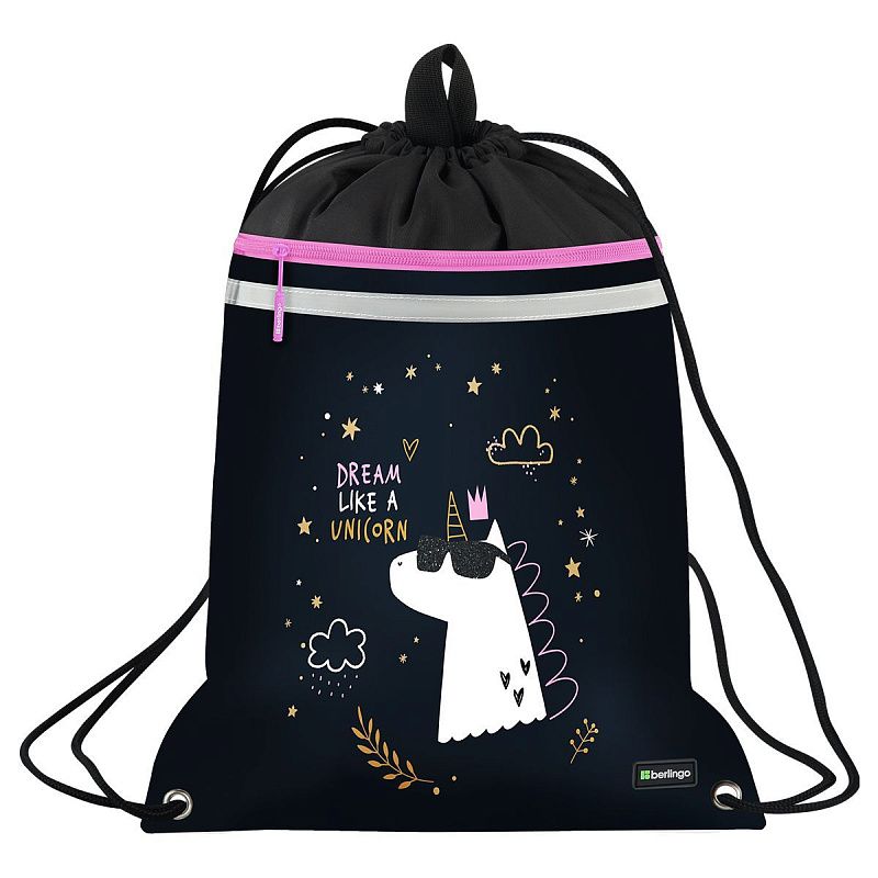 Мешок для обуви 1 отделение Berlingo "Dream Like A Unicorn", 360*460мм, вентиляционная сеточка , светоотражающая лента, карман на молнии