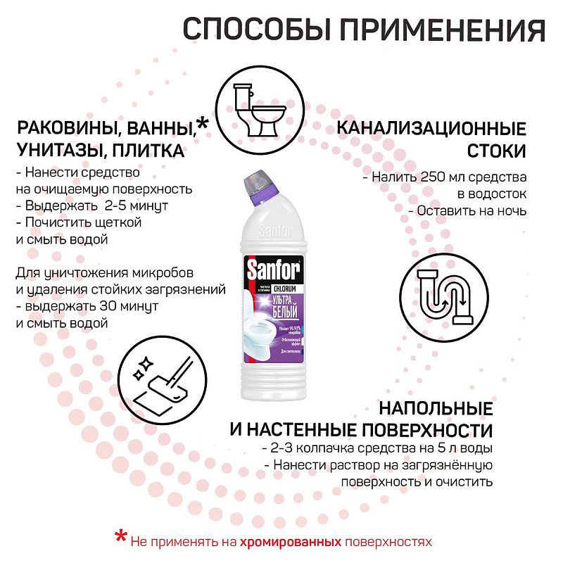 Средство для туалета и ванн Sanfor "Chlorum. Ультра белый" 2в1, 750мл 