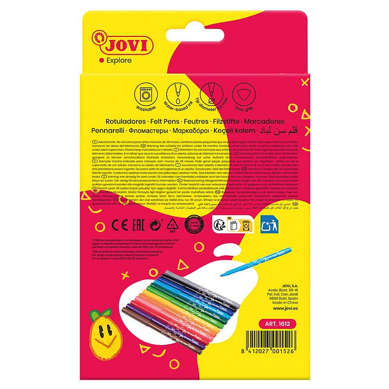 Фломастеры JOVI, 12цв., смываемые, картон, европодвес