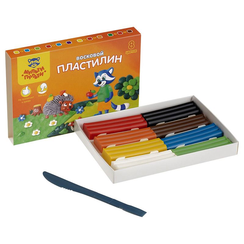 Пластилин Мульти-Пульти "Енот в лесу", 08 цветов, 120г, восковой, со стеком, картон, европодвес