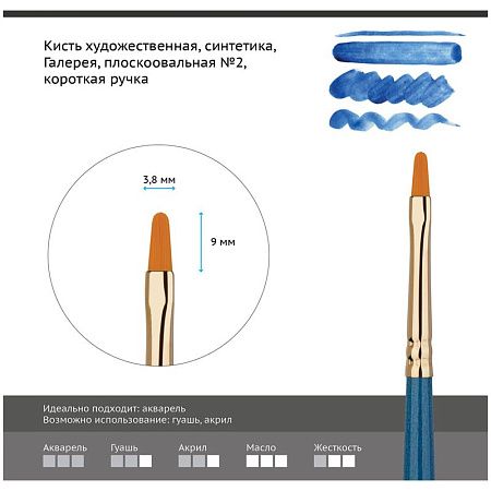 Кисть художественная синтетика Гамма "Галерея", плоскоовальная №2, короткая ручка