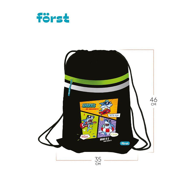 Мешок для обуви 1 отделение Först "Shark party", 350*460мм, вентиляционная сеточка, светоотражающая лента, карман на молнии 