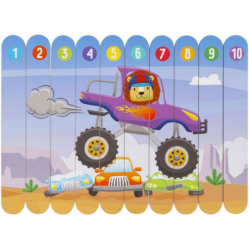 Деревянный пазл - палочки ТРИ СОВЫ "Монстр-трак", 10 деталей на подложке, фанера 