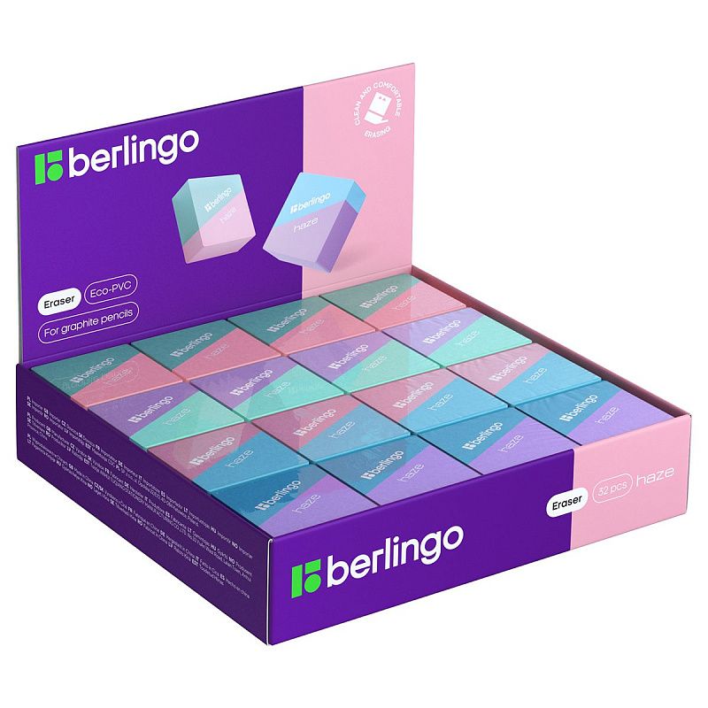 Ластик Berlingo "Haze ", прямоугольный, цвета ассорти, 34*34*14мм 