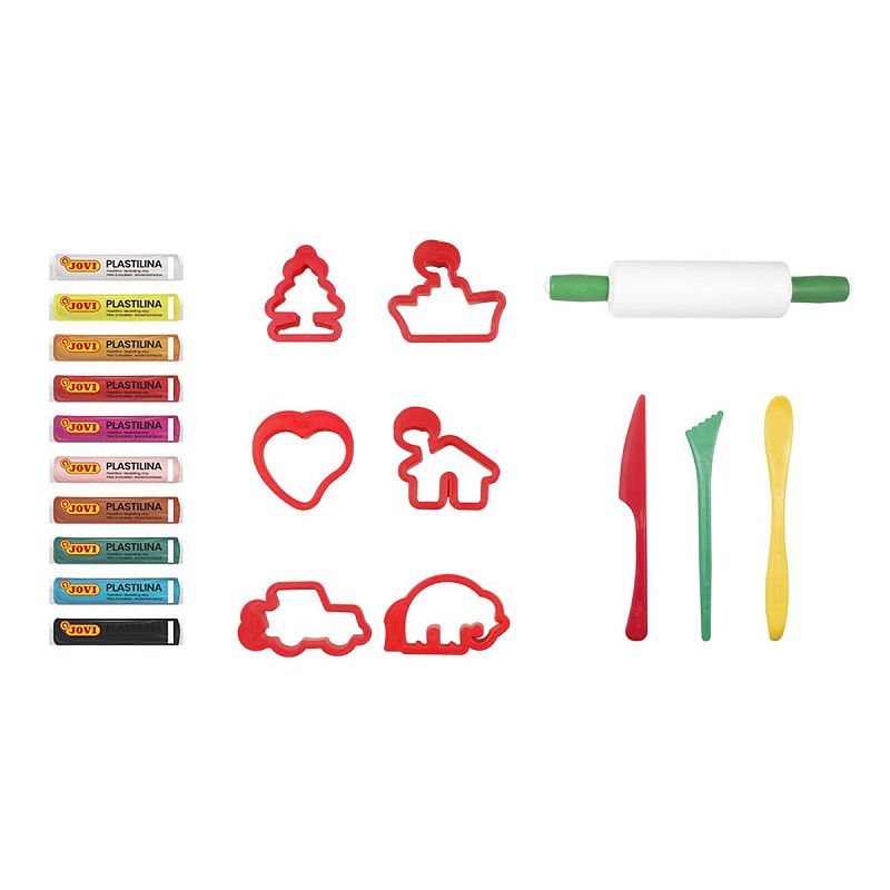 Пластилин JOVI, 08 цветов, 200г, растительный, формочки, стеки, скалка, в чемодане