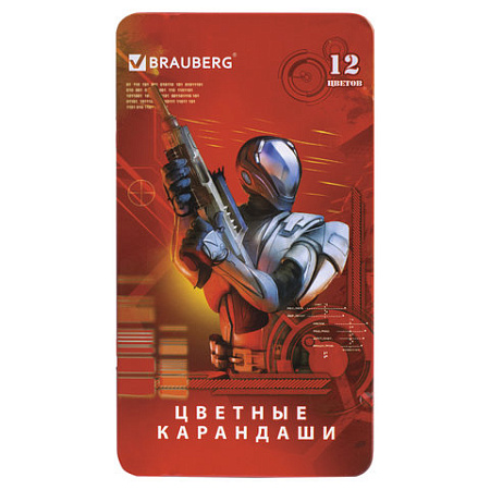 Карандаши цветные BRAUBERG "Star Patrol", 12 цв., заточенные, металлическая упаковка, 180543