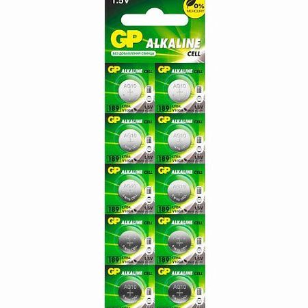 Батарейки КОМПЛЕКТ 10 шт., GP Alkaline, 189A (G10, LR54), алкалиновые, отрывной блок, 189FRA-2C10