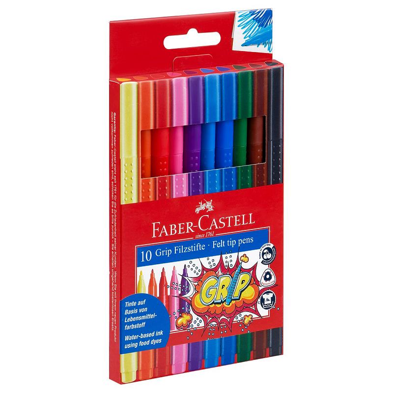 Фломастеры Faber-Castell "Grip", 10цв., трехгранные, смываемые, пластик. уп., европодвес