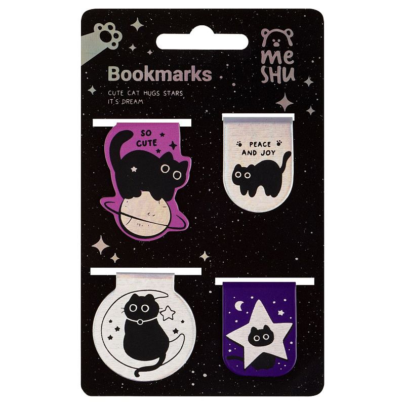 Закладки магнитные для книг, 4шт., MESHU "Meow Space", голографическая фольга 