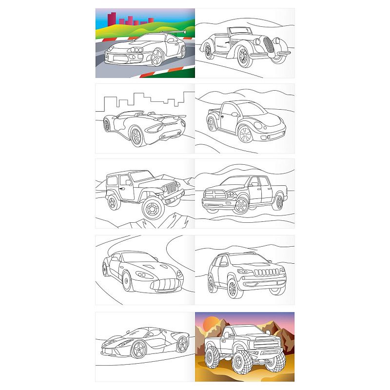 Раскраска А5, 10 стр.  ТРИ СОВЫ "Автомобили", горизонтальные