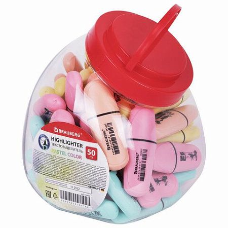 Текстовыделитель мини BRAUBERG "PASTEL Mini", АССОРТИ В ПЛАСТИКОВОЙ БАНКЕ, линия 1-5 мм, 152432 
