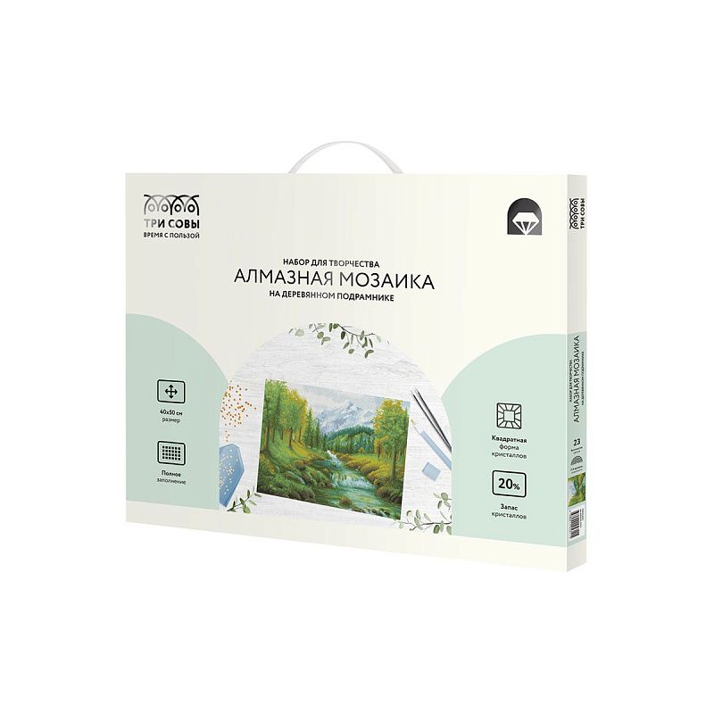 Алмазная мозаика ТРИ СОВЫ "Горная река", 40*50см, холст на деревянном подрамнике, картонная коробка с пластиковой ручкой