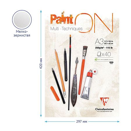 Скетчбук - альбом для смешанных техник 40л., А3, на склейке Clairefontaine "Paint'ON", мелкозерн., 250г/м2