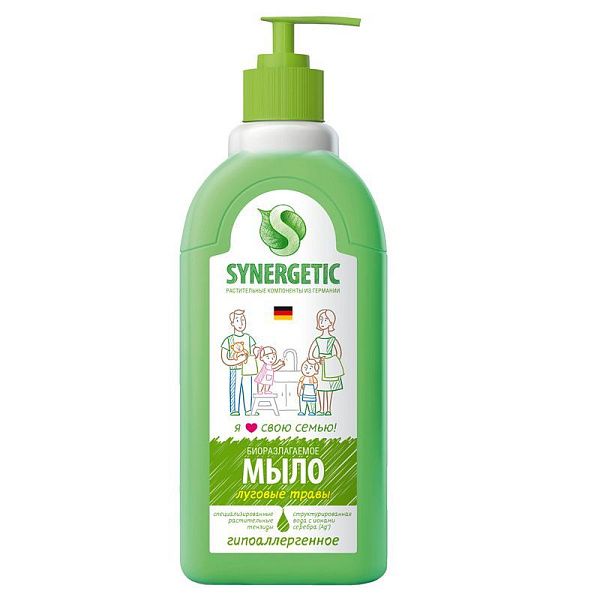 Мыло жидкое Synergetic "Луговые травы", биоразлагаемое, с дозатором, 500мл 