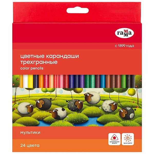 Карандаши цветные Гамма "Мультики", 24цв., трехгранные, заточен., картон. упак., европодвес